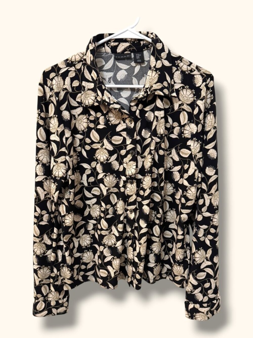 Tahari Blouse Womens XL Black Beige Floral Button Up Long Sleeve Collared Shirt